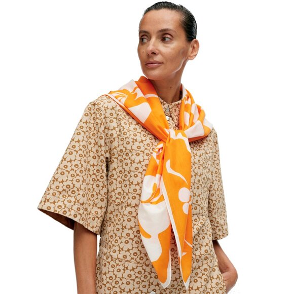 Marimekko Jahha Nokturno Orange / White Cotton Silk Scarf - Picture 1 of 3